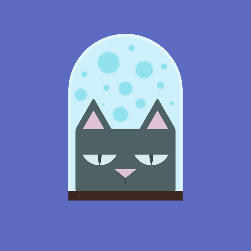 illustration of a cat head in a jar filled with blue liquid on a purple background