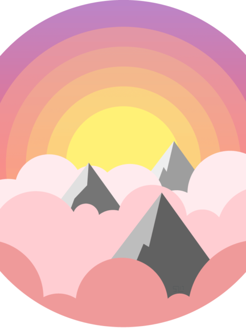 vector illustration of the tops of mountains poking through pink and purple clouds with the sun shining behind enclosed in a circle